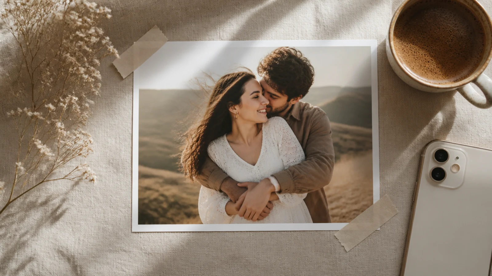 A photo with a thin border and small muted washi-tape strips angled across two opposite corners.