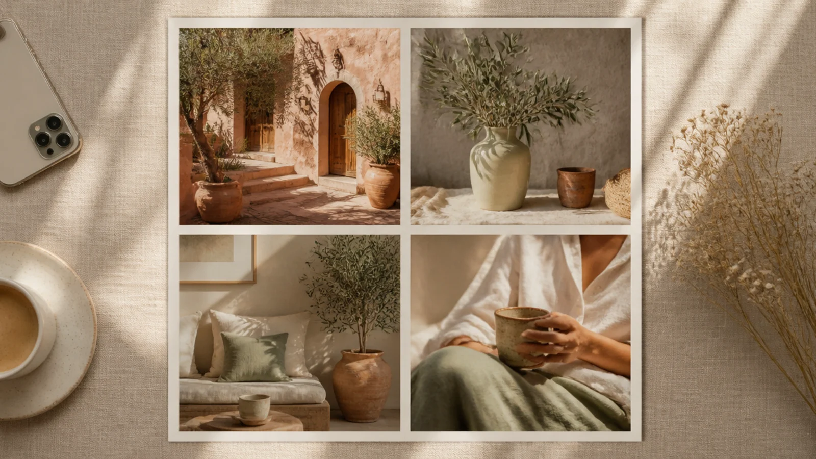 Four photos arranged in a neat two-by-two grid separated by thin cream gaps with a matching outer border.