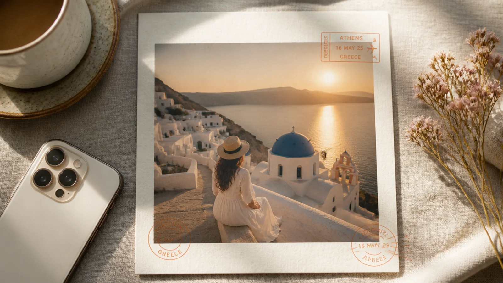 A photo framed with a faint passport-stamp border and small travel stamp graphics in the corners.