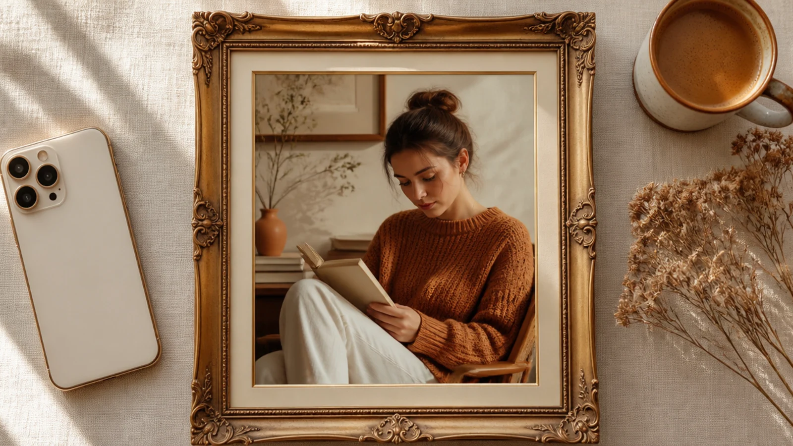A photo set inside an ornate decorative gold gallery frame with carved-style corners on a cream background.