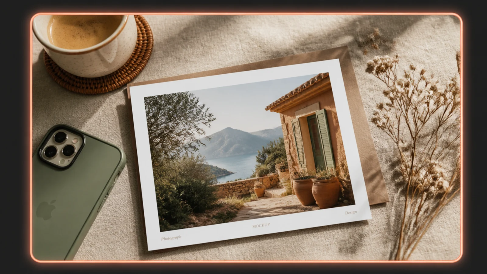 A photo edged by a soft glowing neon line border in warm coral on a dark background.