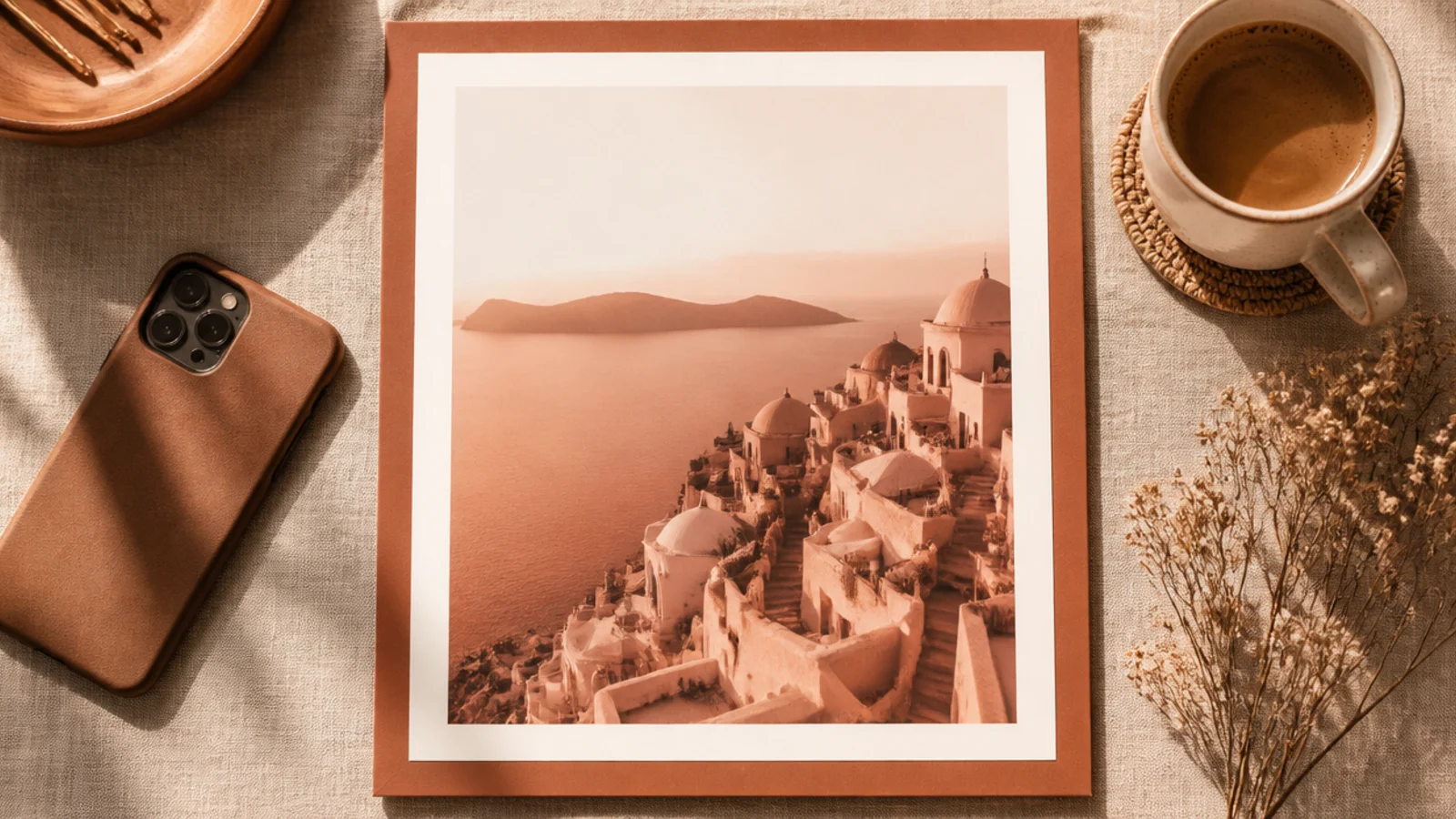 A photo recolored in a terracotta-and-cream duotone, framed by a matching solid border.