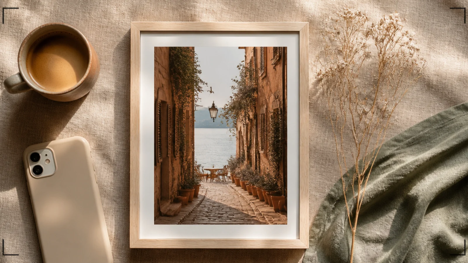 A full-bleed photo marked with four small L-shaped charcoal corner brackets like a viewfinder.