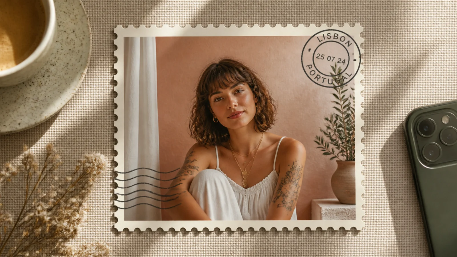 A photo cut into a postage-stamp shape with a perforated edge, on a cream background with a faint postmark.