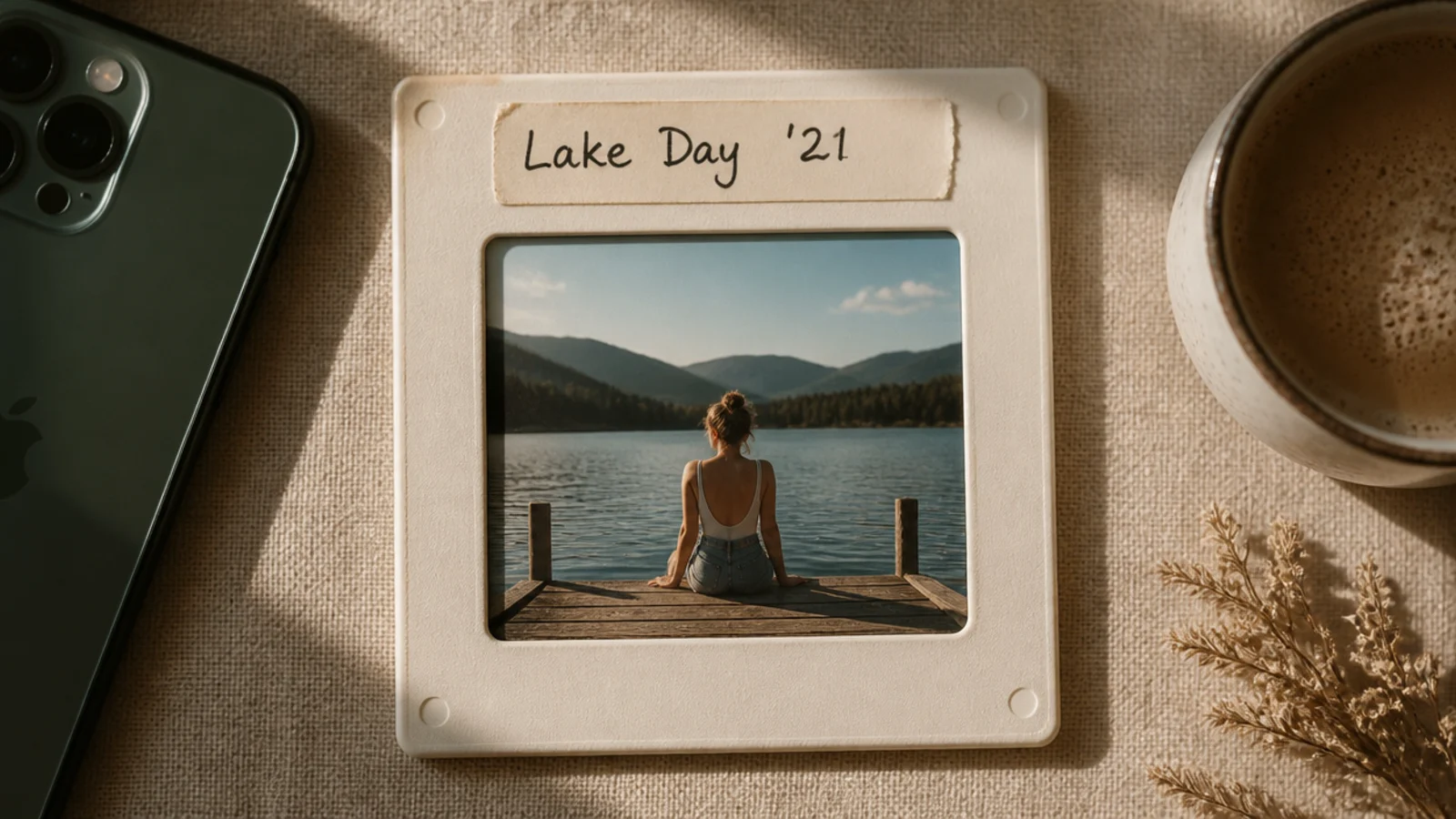 A photo set inside a white 35mm slide mount with a small handwritten label strip along the top.