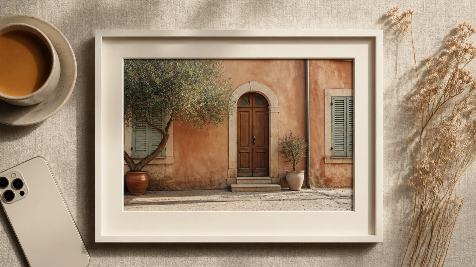 A photo inset into a deep cream frame with a soft realistic drop shadow, making it look recessed into a box.