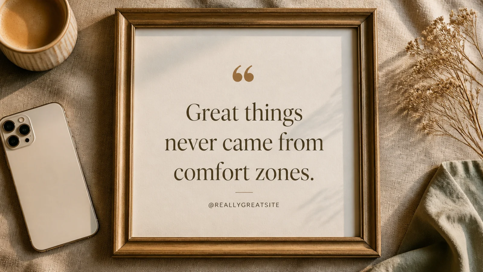 A large serif quote centered on a cream background with a small handle line beneath and a decorative quote mark above.