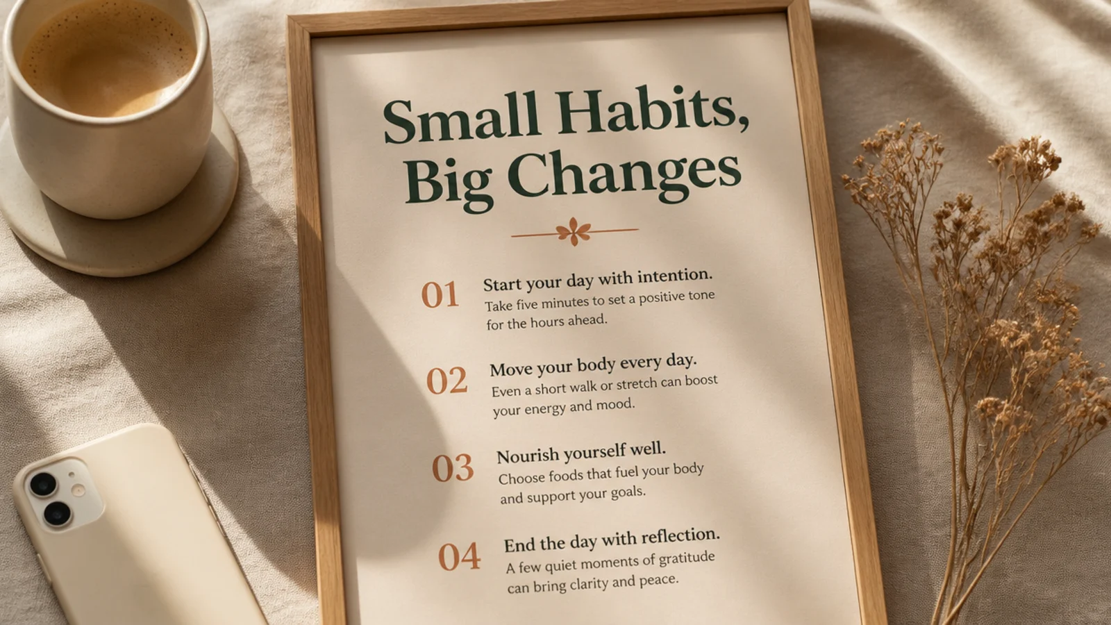 A cream post with a bold headline at the top and three or four numbered tips listed below with small terracotta numbers.