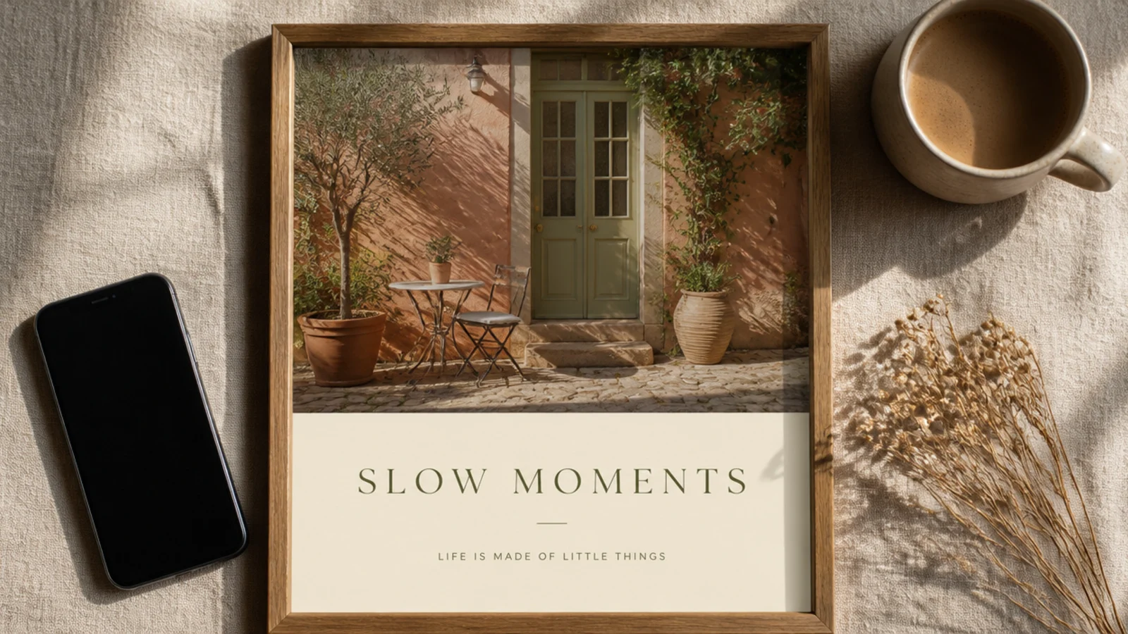 A post split horizontally with a photo on top and a solid cream block below holding a headline and short line.