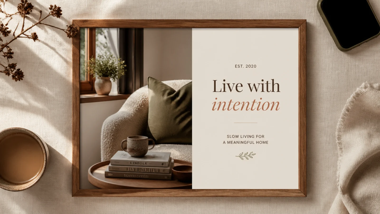 A post split vertically into a photo column on the left and a cream text column on the right with a headline.