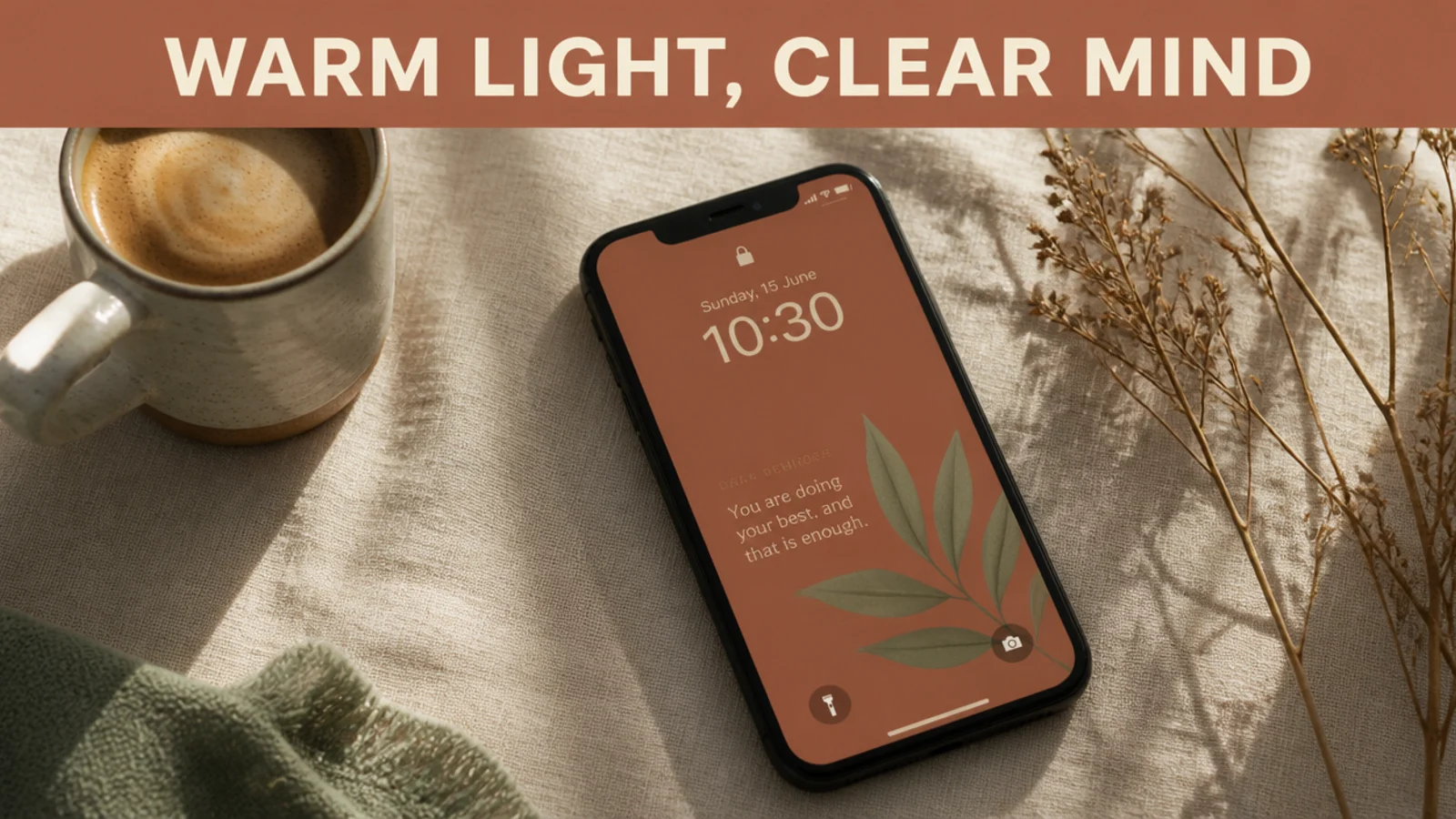 A photo with a solid terracotta header bar across the top holding a bold cream title.