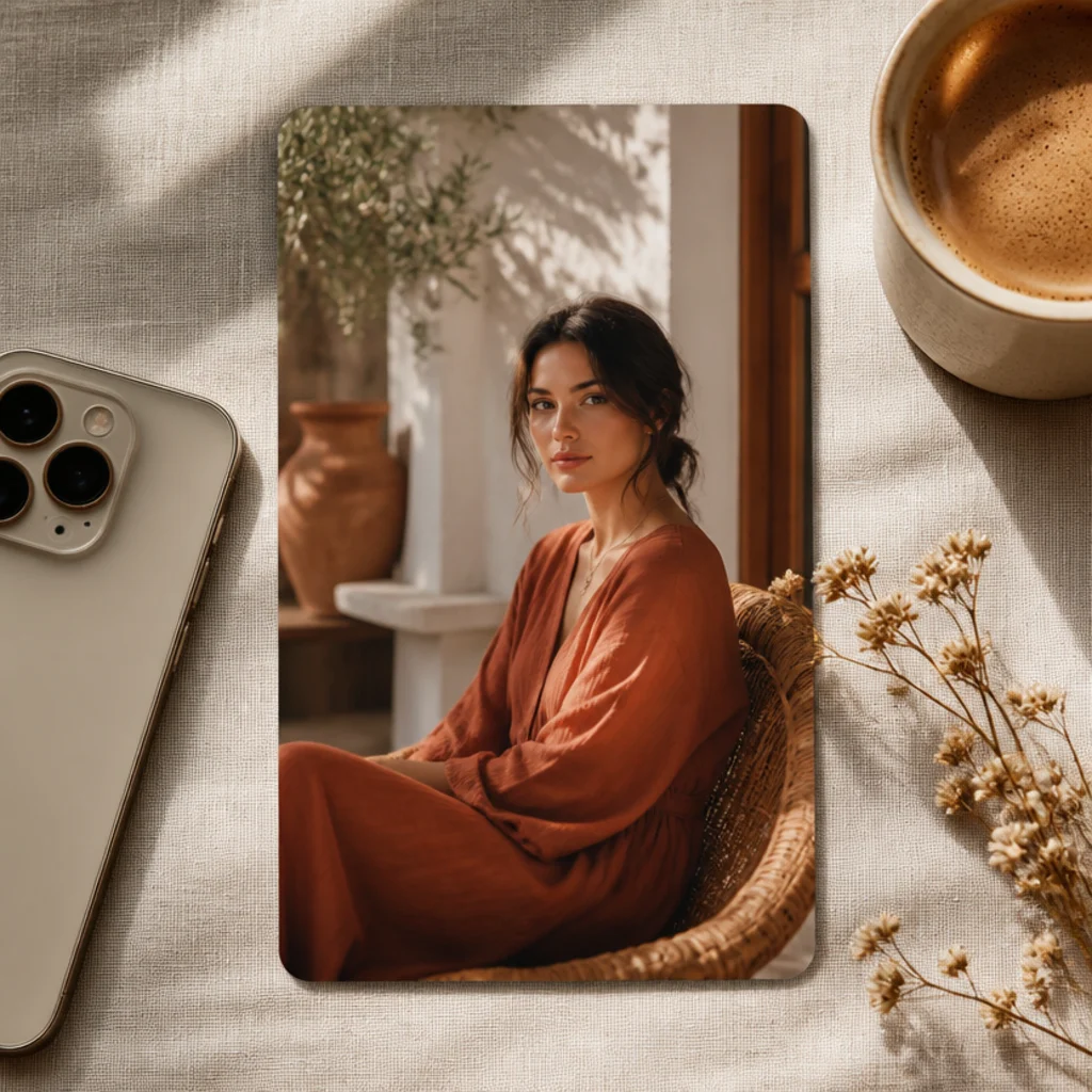 A photo inside a rounded-corner card with a soft shadow floated on a cream background.