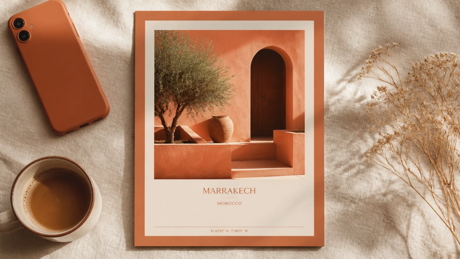 A photo recolored in a terracotta-and-cream duotone, framed by a matching solid border.