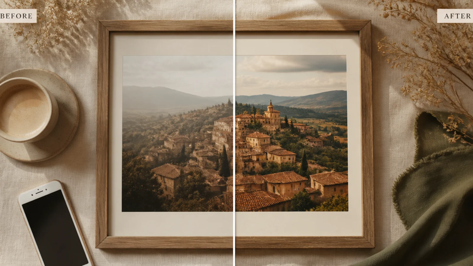 A post split down the middle into two photos with small before and after labels and a thin divider.