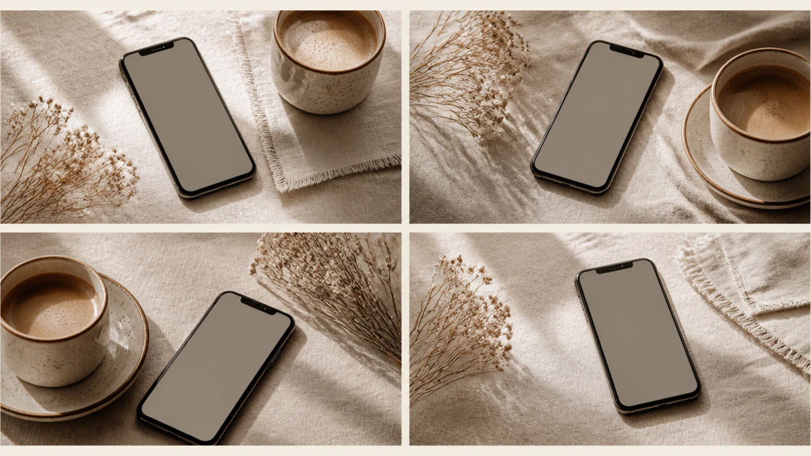 Four photos in a two-by-two grid separated by thin cream gaps with a matching outer border.