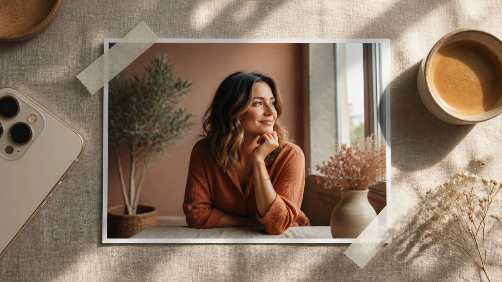 A photo with a thin border and translucent tape strips angled across two opposite corners.