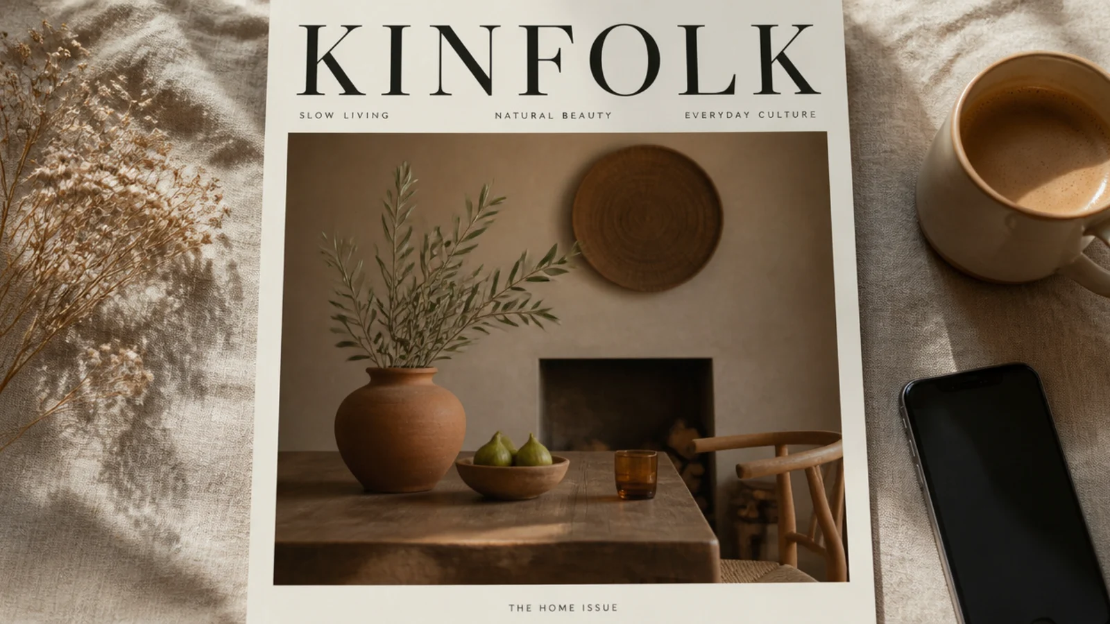 A full-bleed photo with a large serif masthead across the top and a small tagline like a magazine cover.