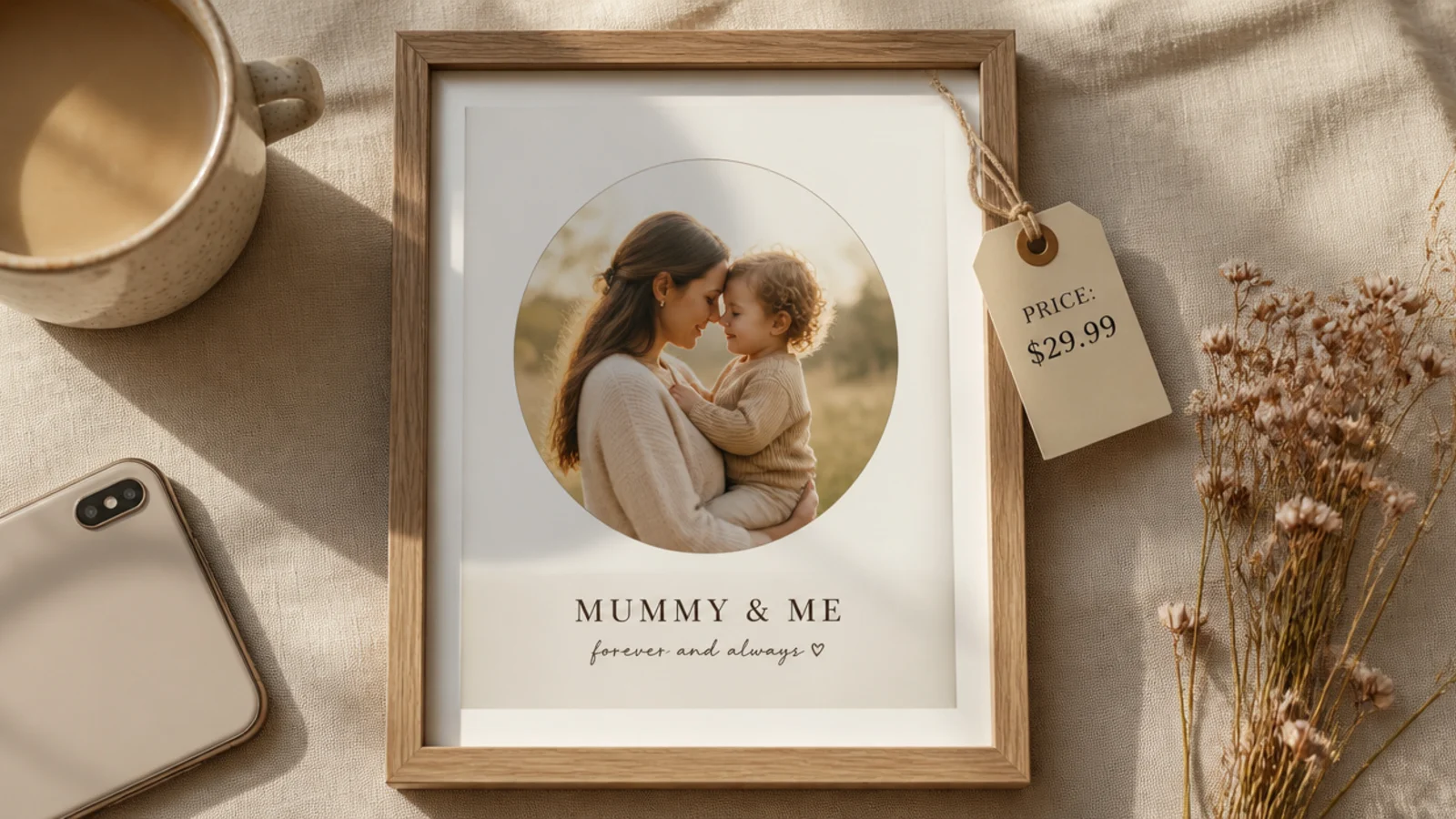 A product photo centered on a cream background with a soft circle highlight behind it and a price tag label.