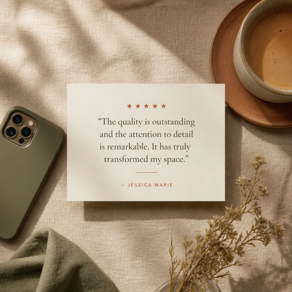 A cream card with a customer quote, five small stars, and a name line, floated with a soft shadow.
