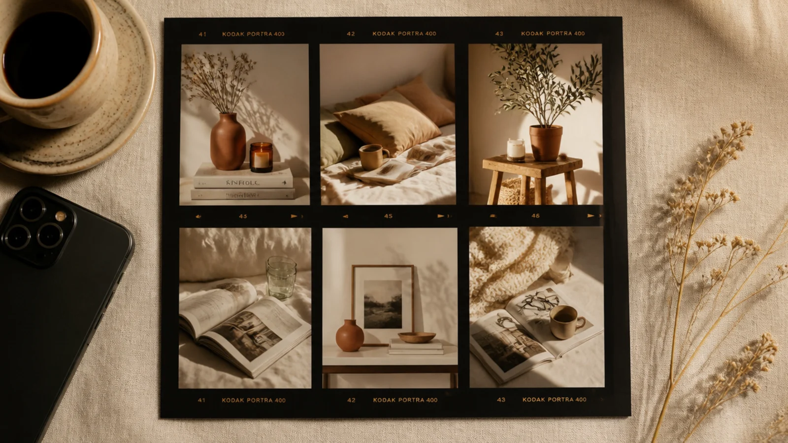 A dark contact-sheet layout with six small photos in a grid, frame numbers, and a warm film border.