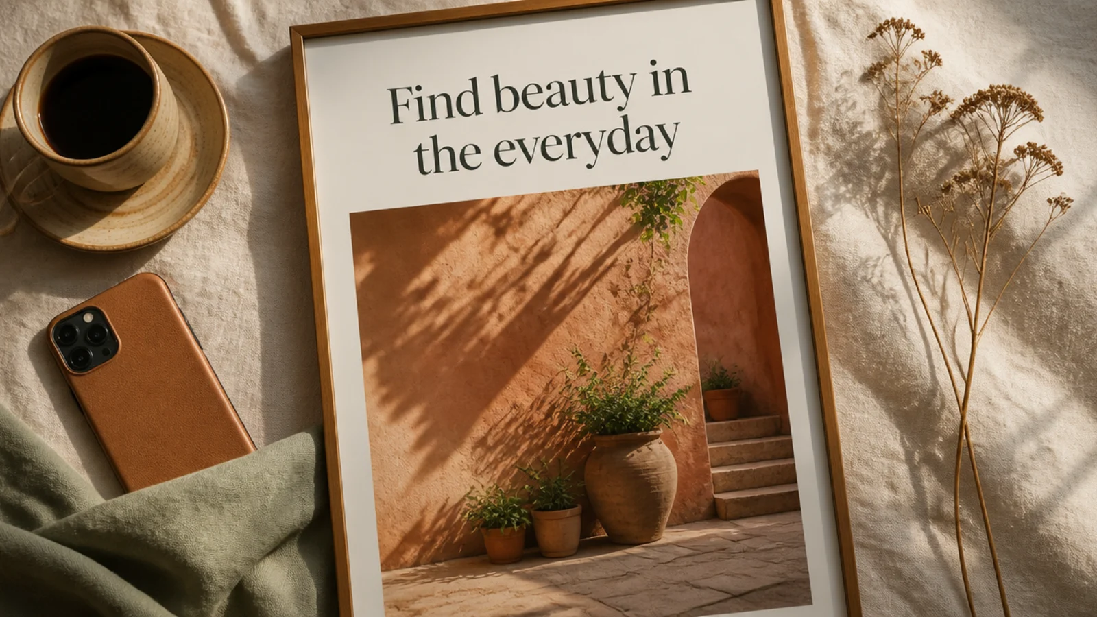 A vertical photo with a solid cream bar across the upper area holding a short serif headline in charcoal.