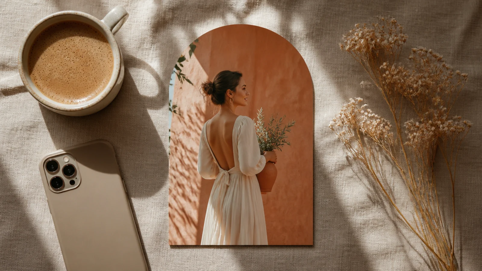 A vertical photo cropped into a tall arch shape, centered on a terracotta story background with space above and below.