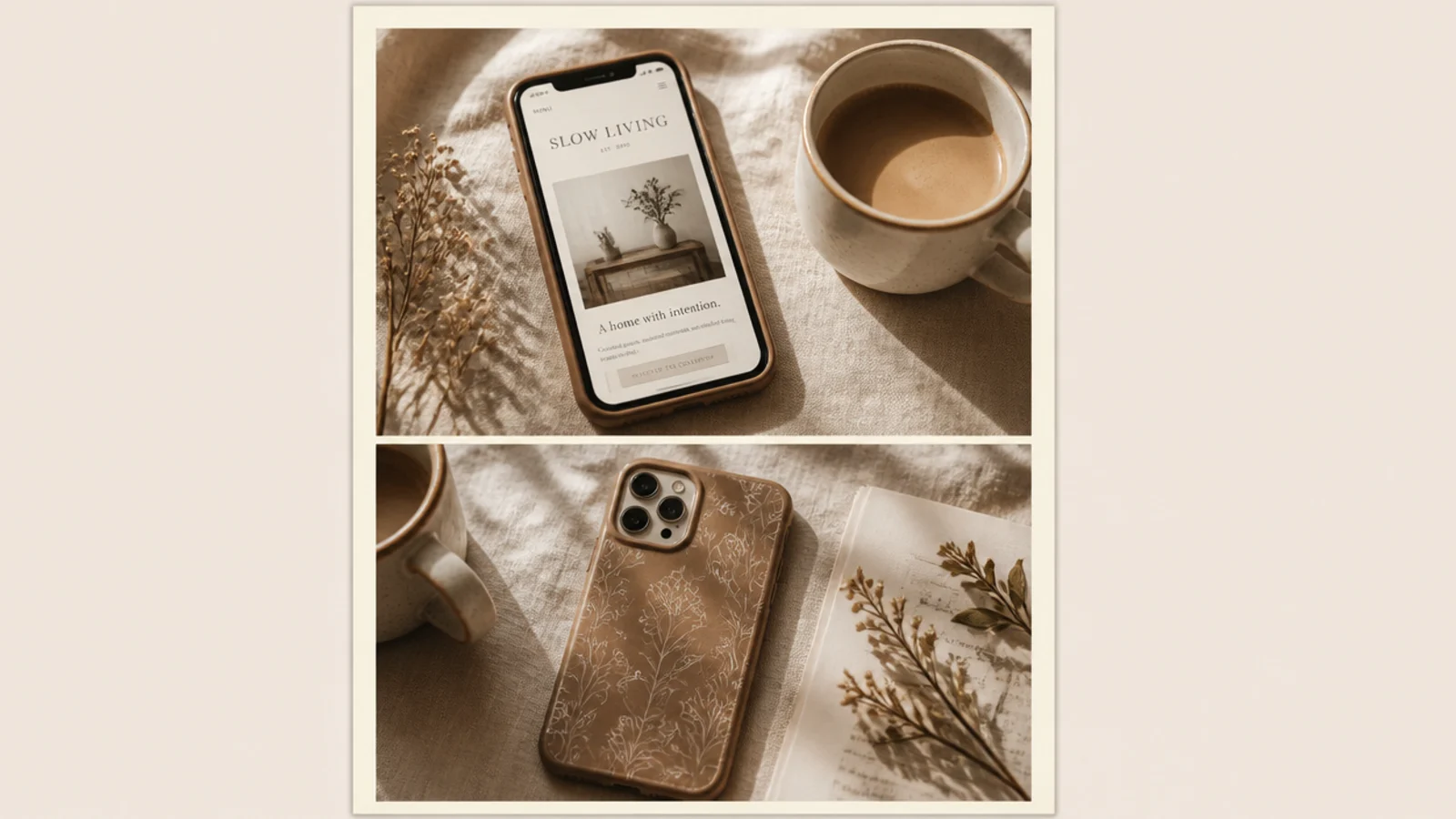 A story split into two stacked vertical photos separated by a thin cream gap with a matching border.