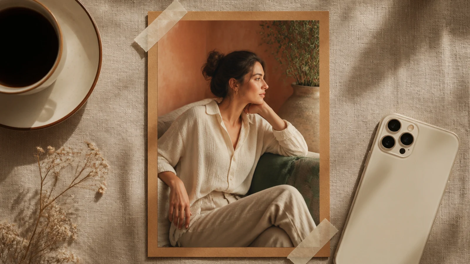 A vertical photo taped onto a warm kraft-paper story background with muted washi-tape strips at two corners.