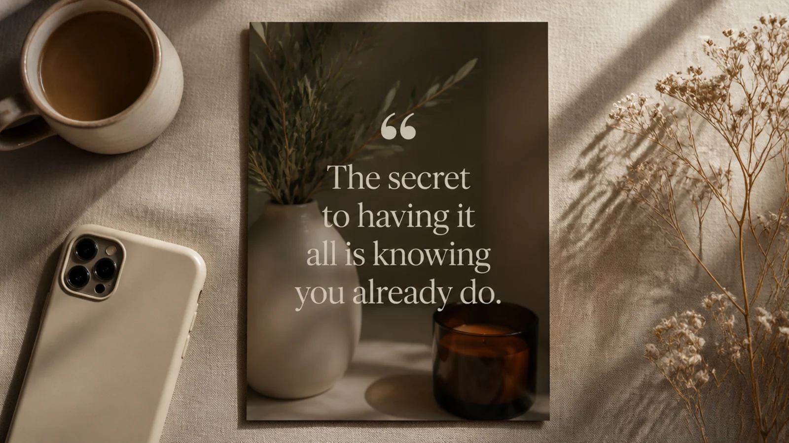A story with a large serif quote centered over a softly darkened photo, with small quotation marks above it.