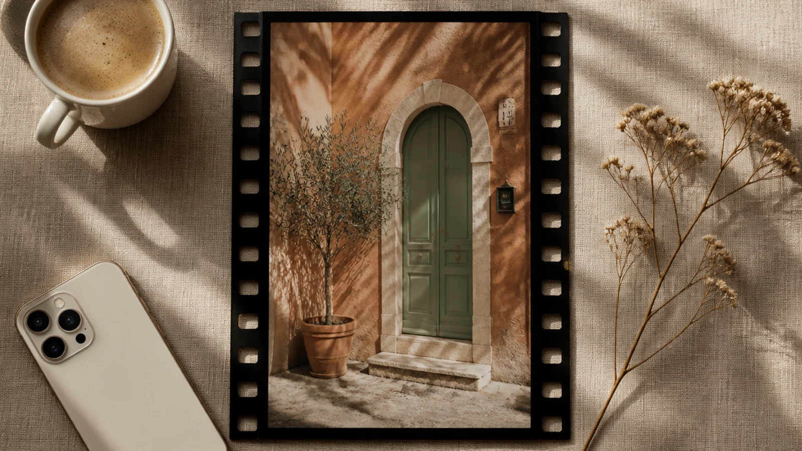 A vertical photo set inside a matte black film-strip frame with sprocket holes running down both sides.