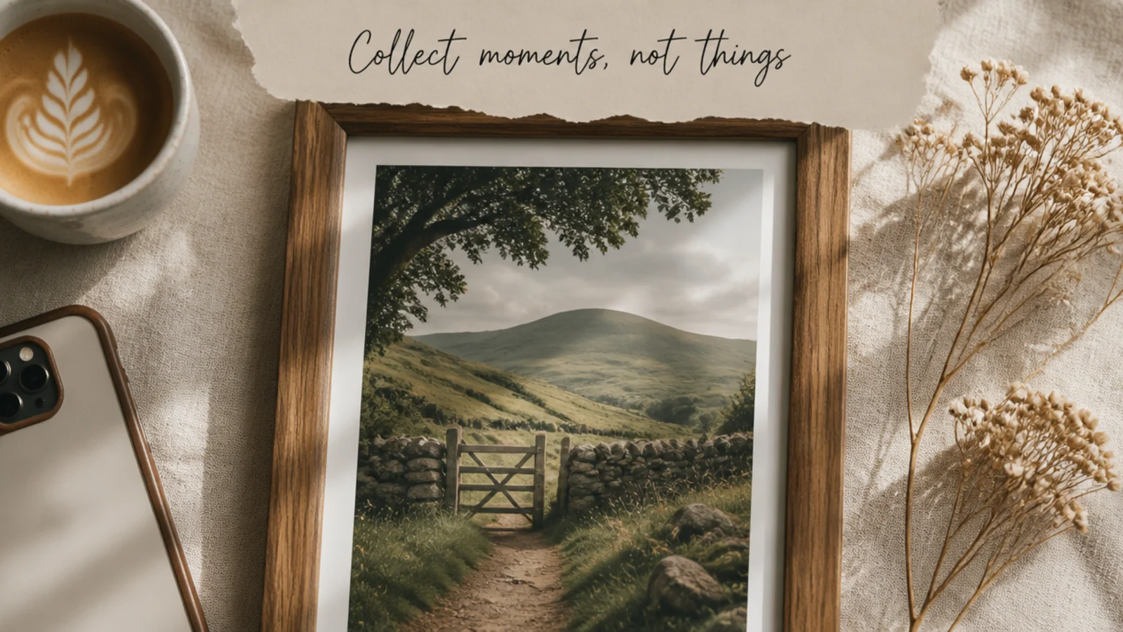 A vertical photo with a torn cream paper strip across the top holding a short handwritten-style headline.