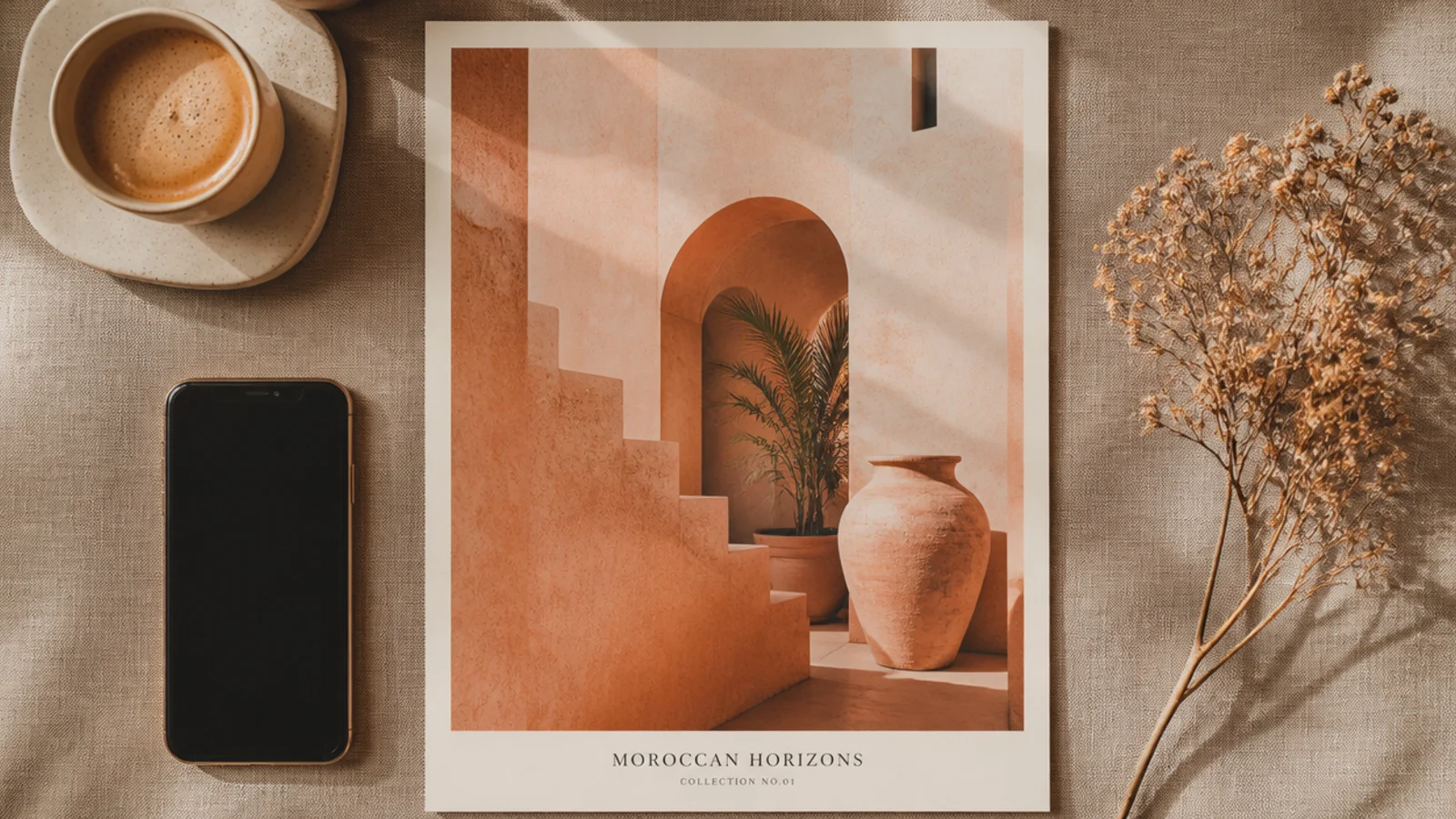 A full-bleed vertical photo recolored in a soft terracotta-and-cream duotone with a small caption at the base.