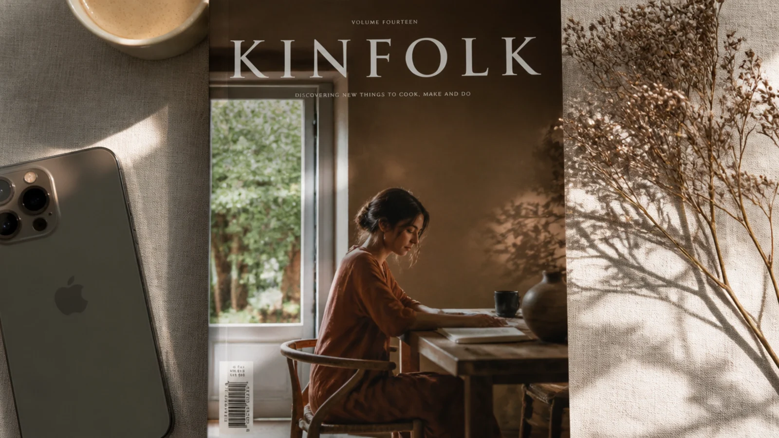 A full-bleed vertical photo styled like a magazine cover with a large serif masthead at the top and a small tagline.