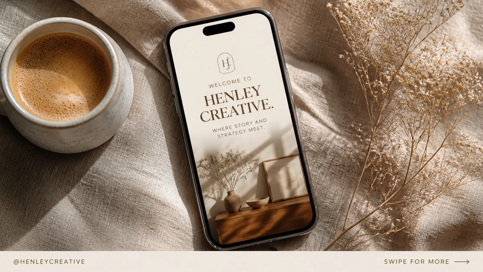 A full-bleed vertical photo with a thin cream footer bar near the bottom holding a small handle and a swipe prompt.