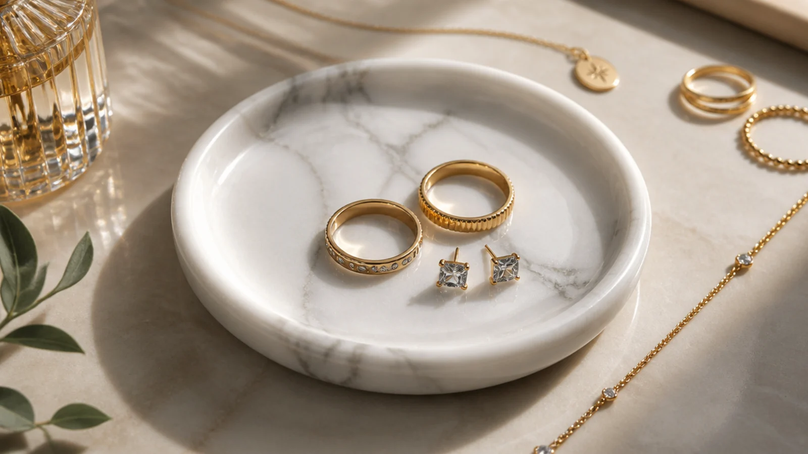 A small round white marble dish with soft grey veining on a vanity, holding two gold rings and a pair of studs.