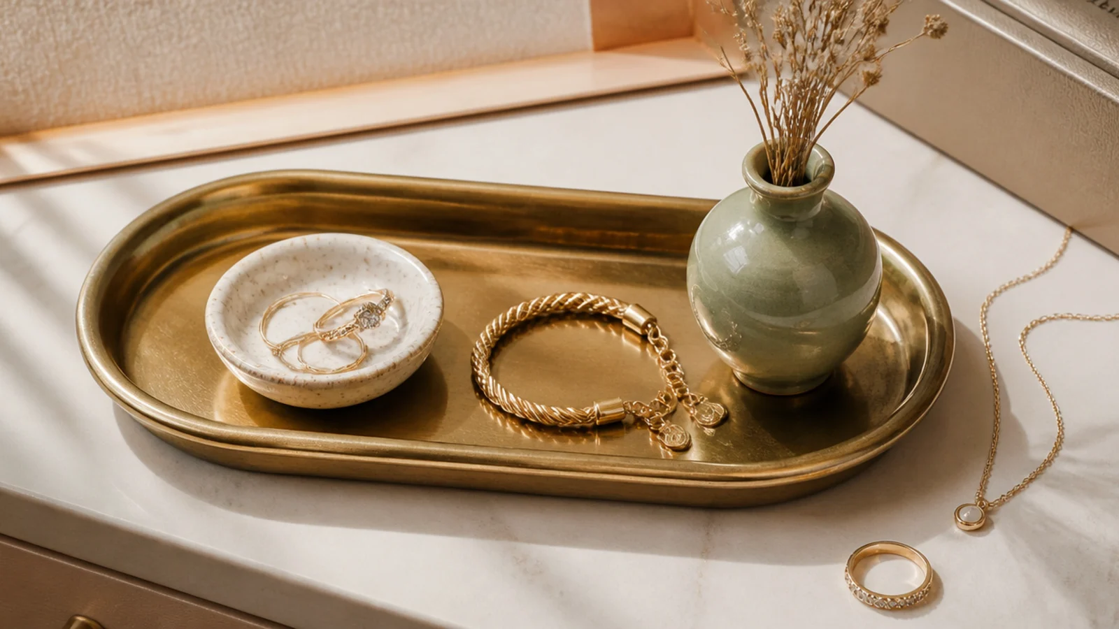 A small oval antique brass tray on a dresser holding a ring dish, a coiled bracelet, and a tiny vase of dried stems.