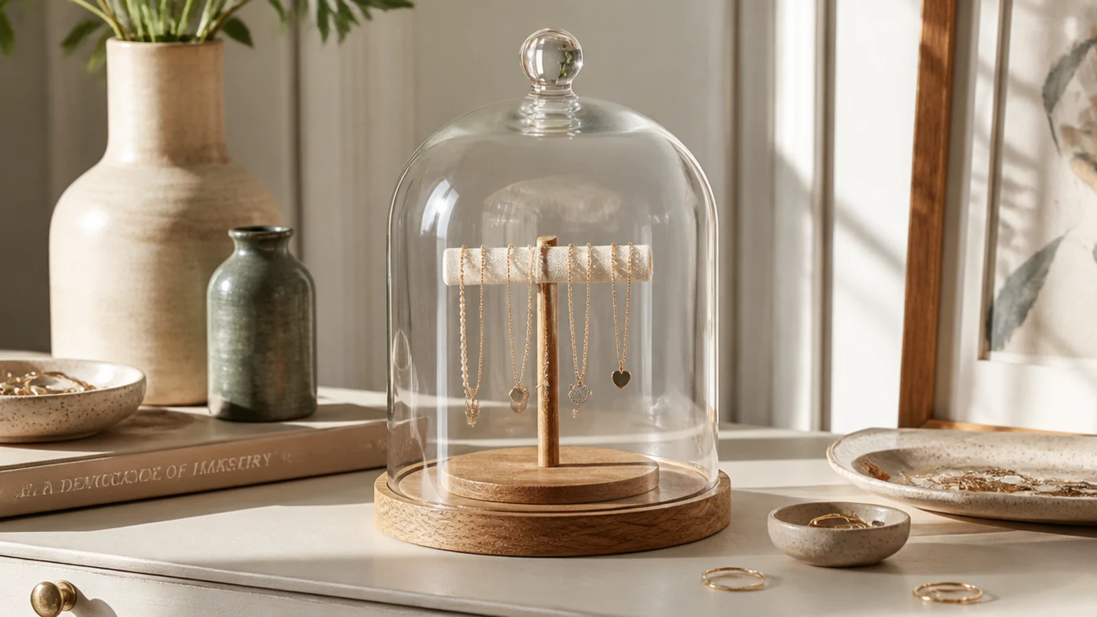 A clear glass cloche over a small wooden base displaying a few special necklaces draped on a tiny stand, dust-free.