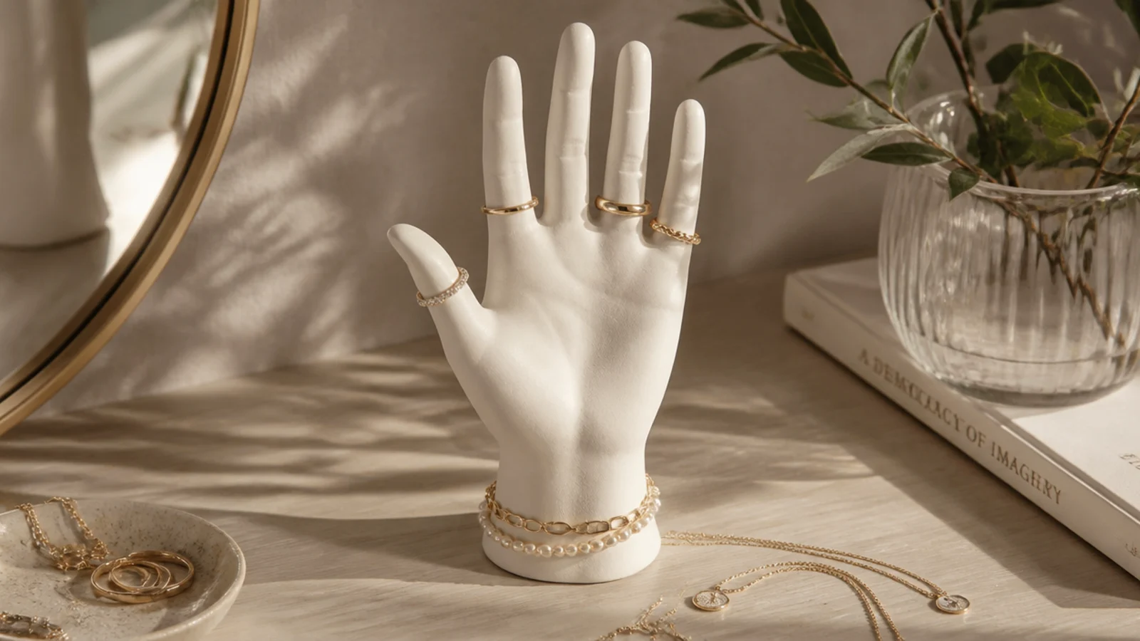 A small matte-white ceramic sculpture of an open hand on a vanity, rings stacked on the fingers and a bracelet on the wrist.