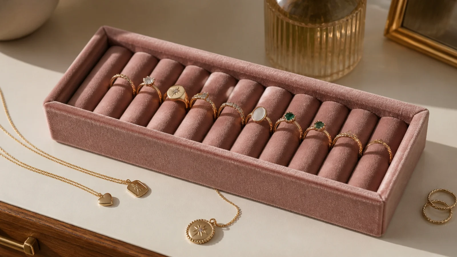A shallow drawer tray lined with dusty-rose velvet and rows of padded ring rolls holding rings upright in a line.