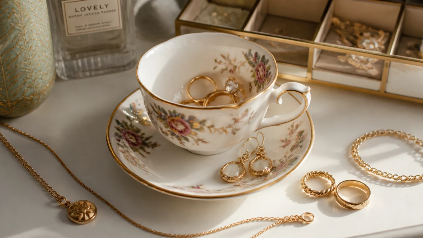 A delicate floral vintage teacup on its saucer holding rings, with earrings resting on the saucer beside it.