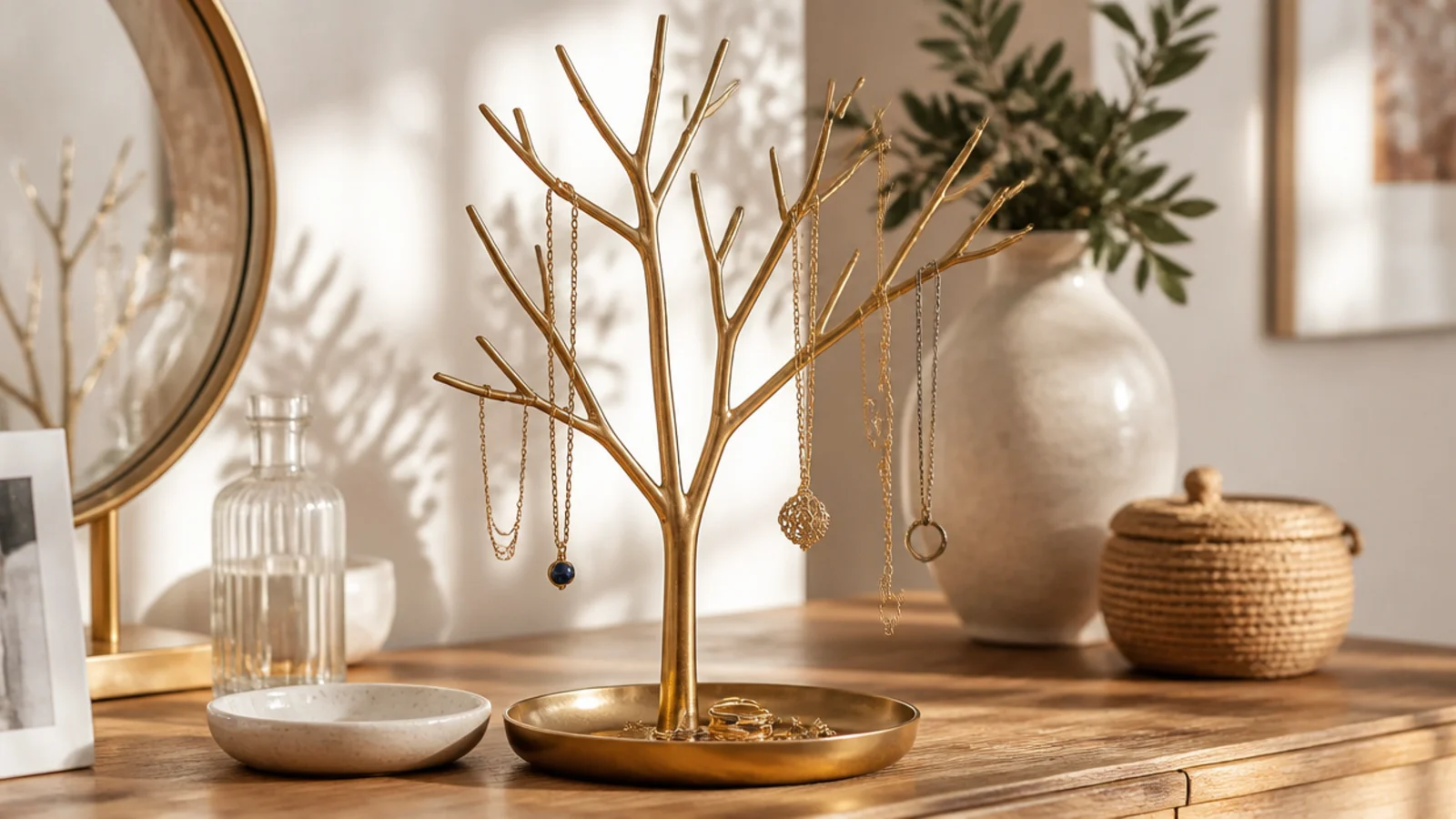 A slender brass branching stand on a vanity with necklaces hung on its arms and rings on a dish at its base.