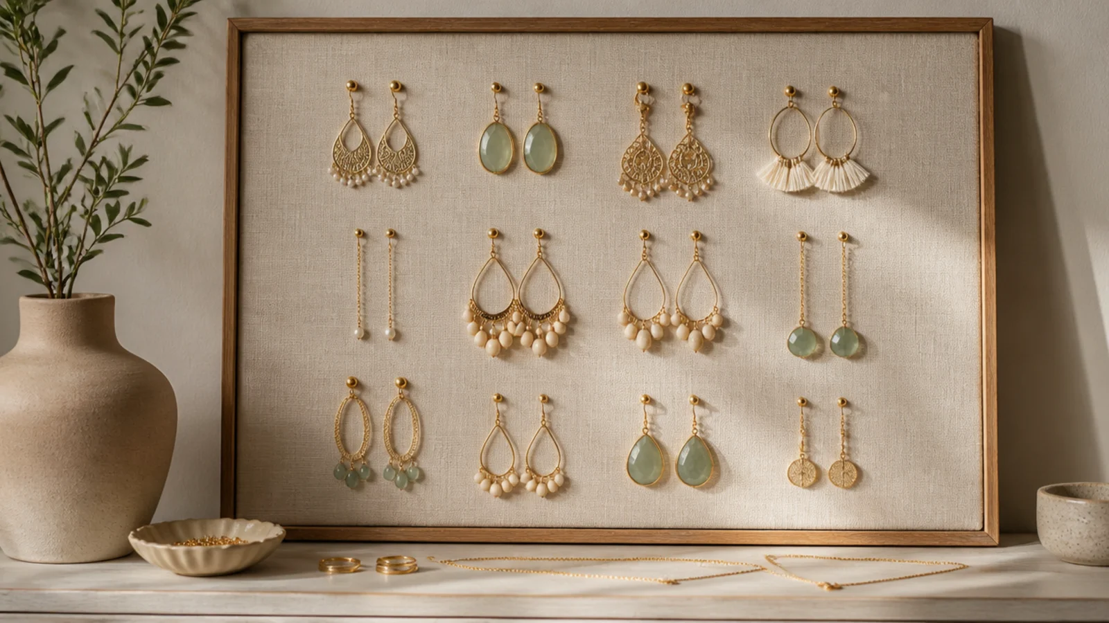 An oatmeal-linen-covered board in a thin oak frame on the wall, dangle earrings arranged in a soft symmetrical spread.