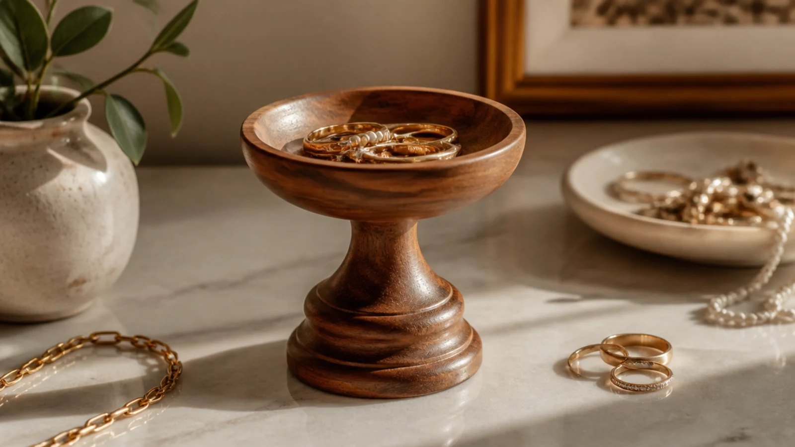 A small turned-wood pedestal on a vanity holding a shallow bowl of rings, raising them above the surface.