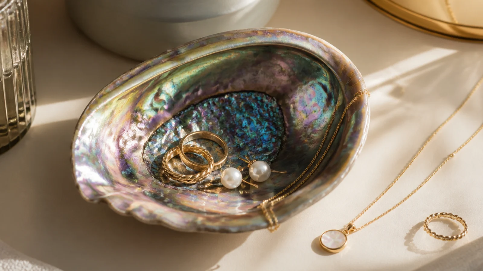 An iridescent abalone shell on a vanity holding a few delicate gold rings and a pair of pearl studs.