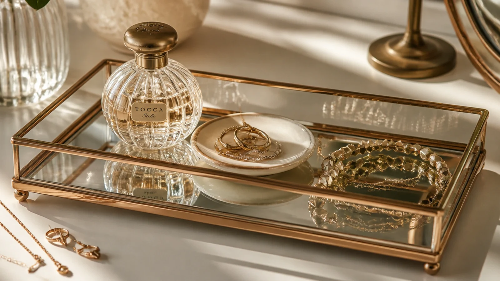 A small mirrored tray on a vanity holding perfume, a ring dish, and a coiled necklace, doubling the reflection.