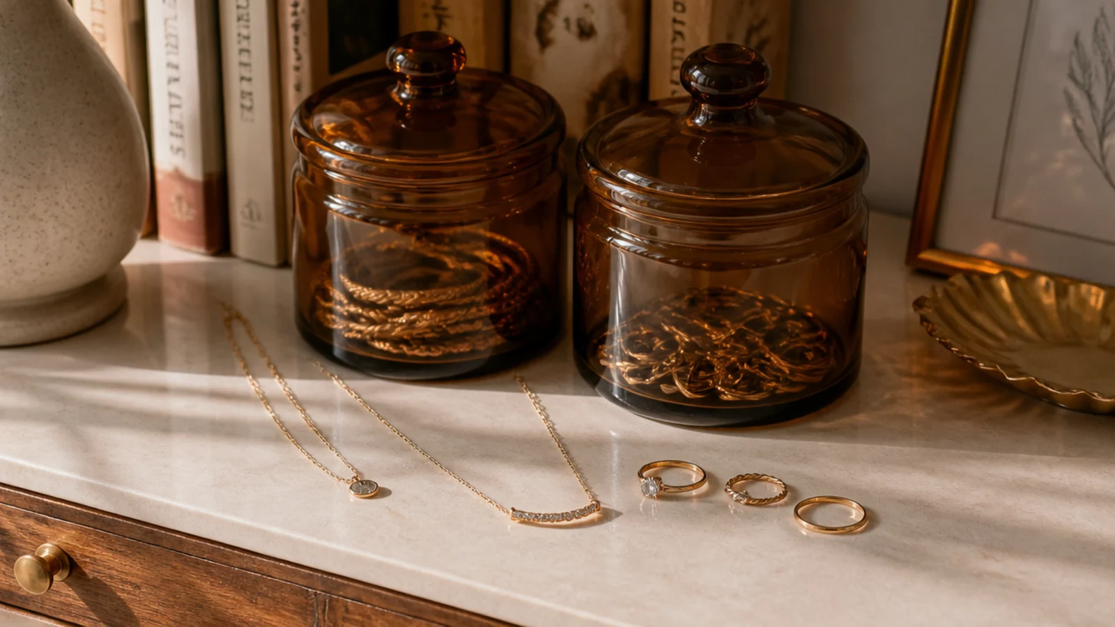 Two amber glass apothecary jars with lids on a shelf, one holding coiled bracelets, the other loose rings.