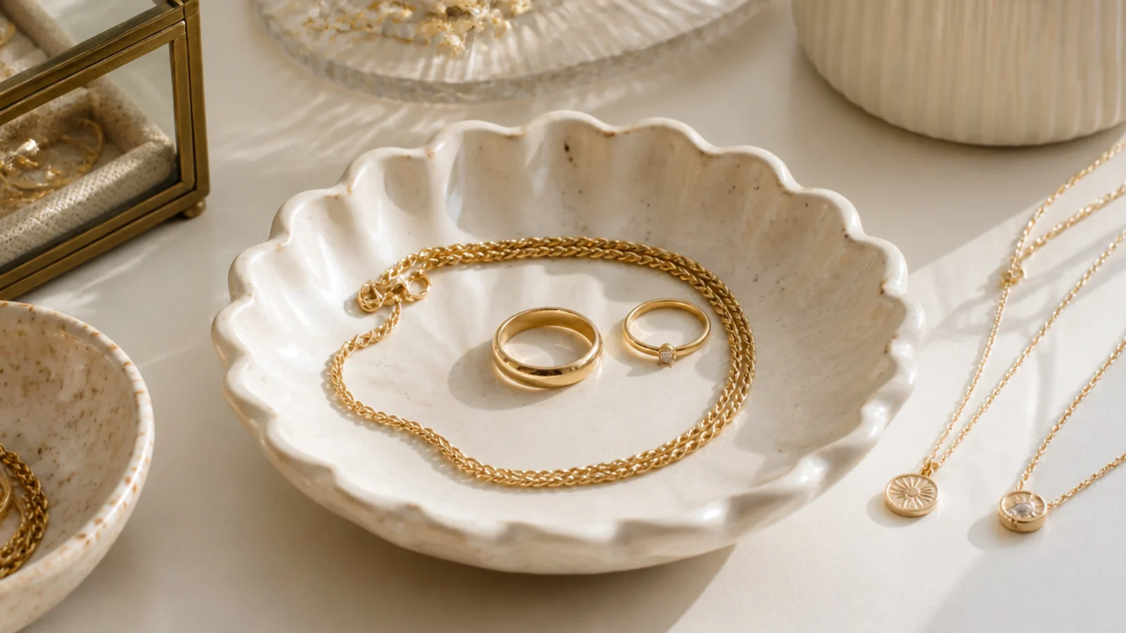 A cream ceramic dish with a scalloped edge on a nightstand holding a gold necklace coiled beside two rings.