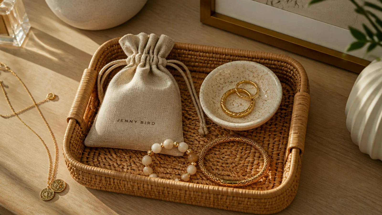 A small woven rattan tray on a dresser holding a linen pouch, a ring dish, and a few bracelets in warm natural tones.