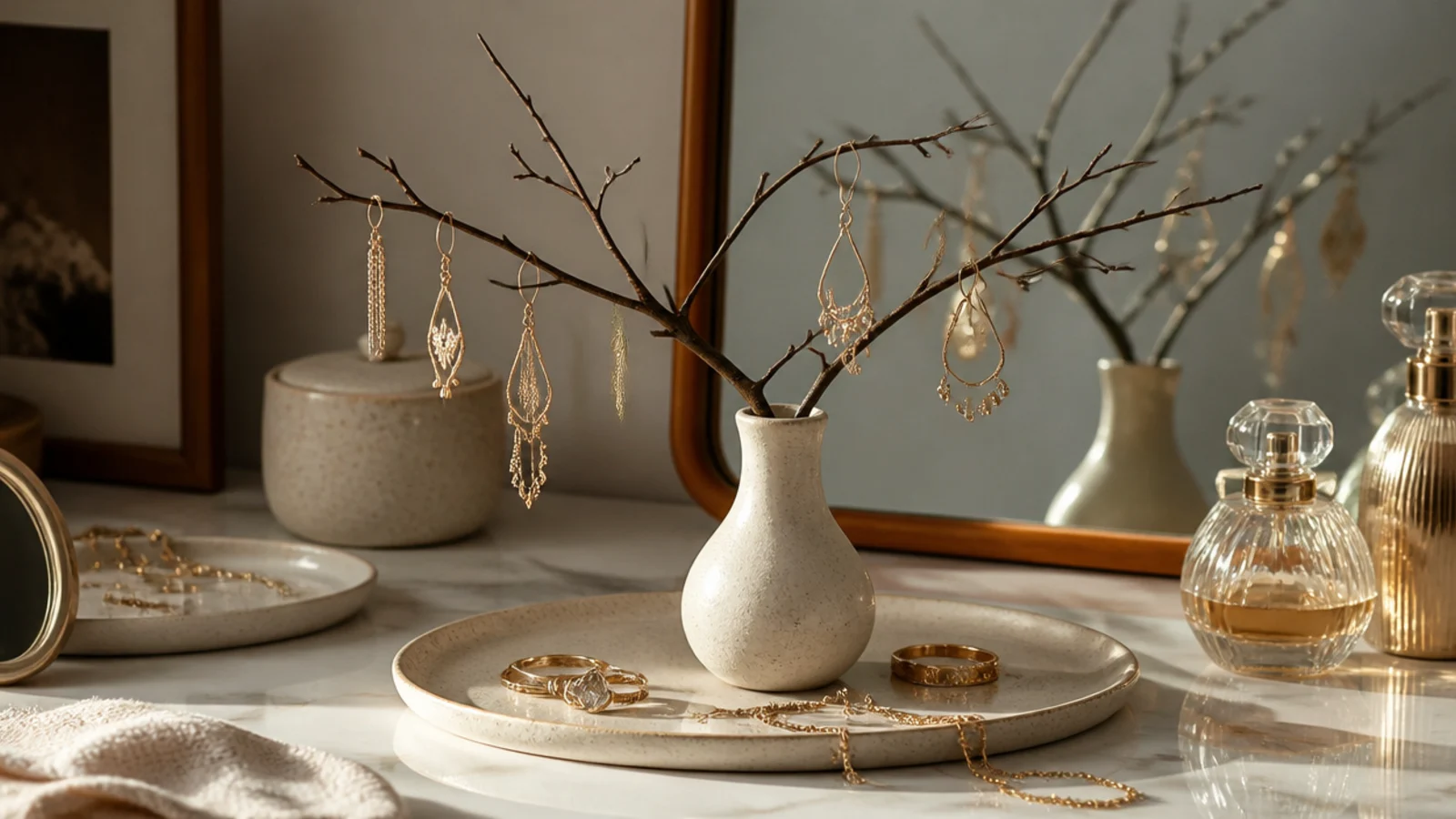 A slim vase holding a small bare branch on a vanity, delicate dangle earrings hung from the twigs like ornaments.