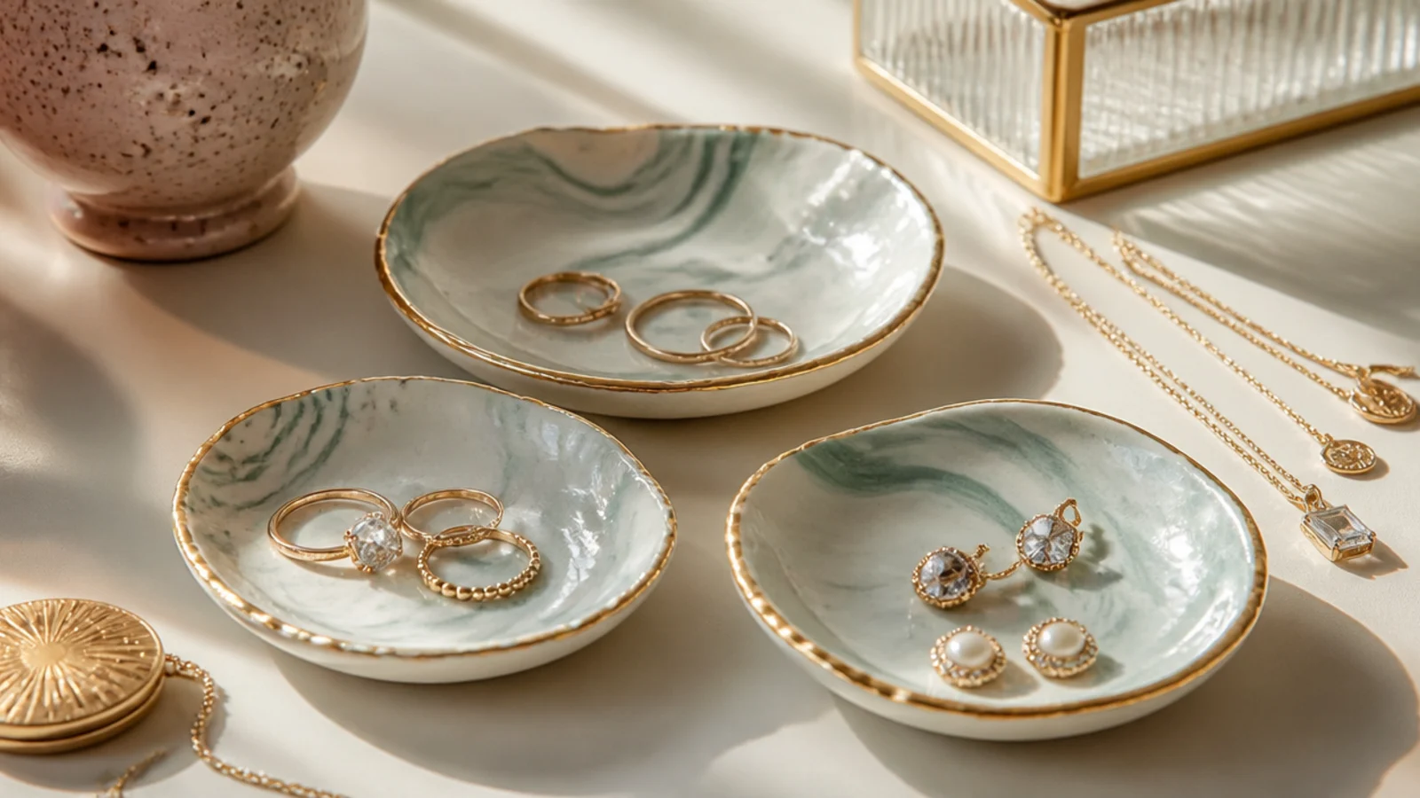 A trio of small handmade polymer clay dishes swirled in cream and sage with gold-leaf edges, holding rings and studs.